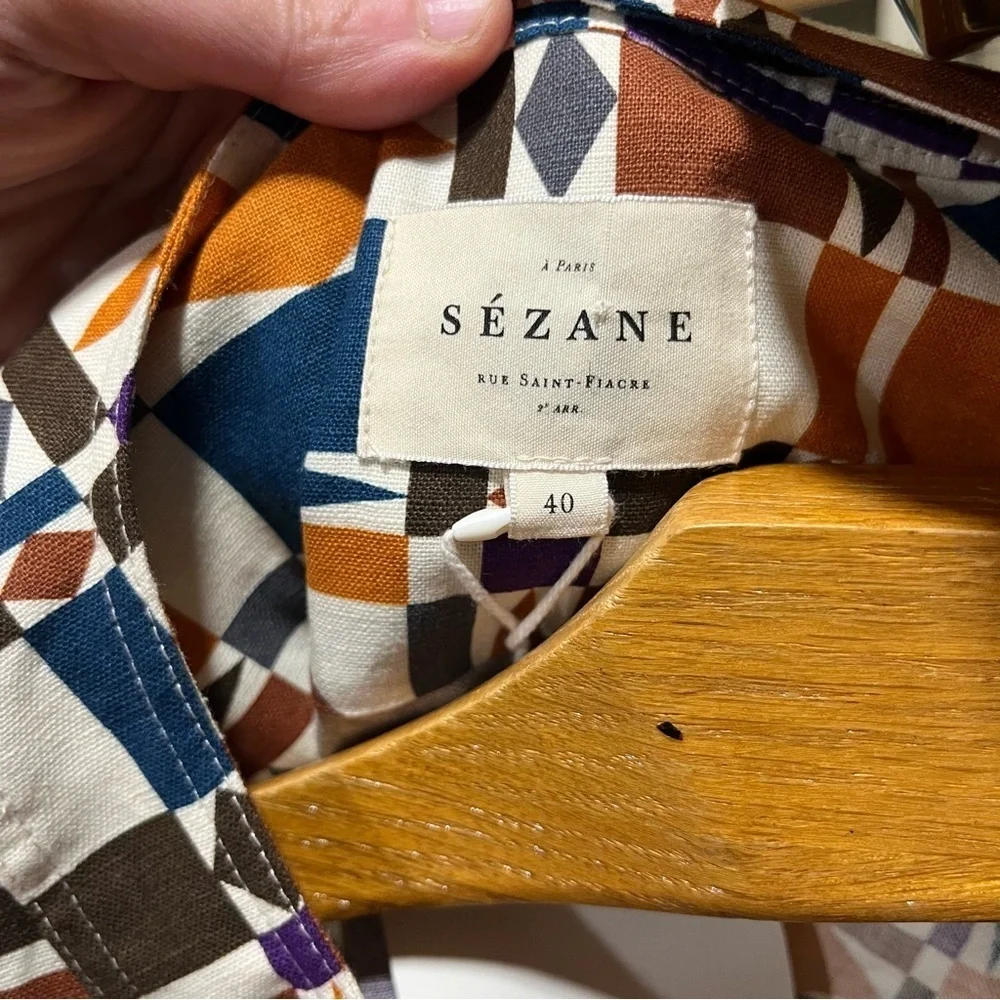 Sézane NEW Colorful Geometric Mini Lulu Dress Size 40 Linen Cotton Blend - Picture 9 of 13